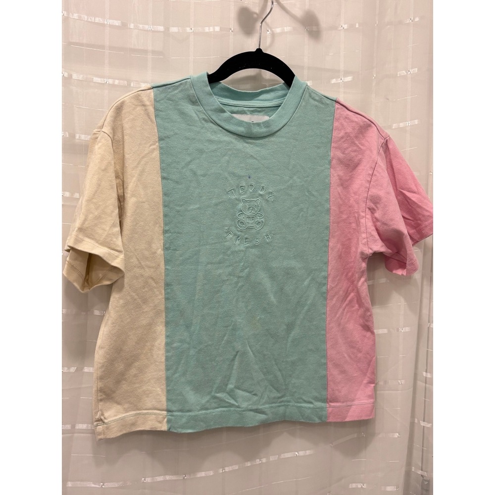 Teddy Fresh Pastel Colorblock Embroidered Logo Cotton T-Shirt XS Mint Pink Cream